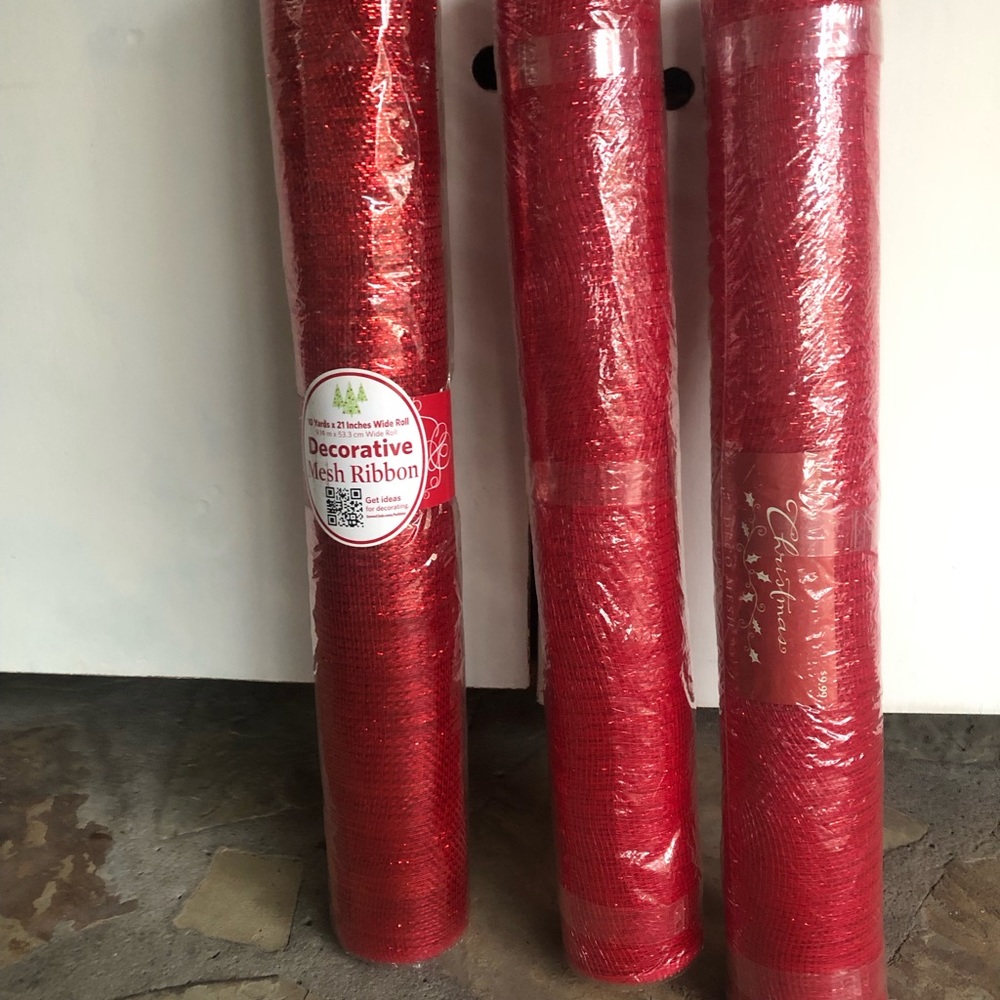 Red sparkly mesh;10 feet per roll; 3 rolls; 21 in. wide;3 rolls for just $5.